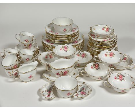 A Royal Crown Derby "Pixton Roses", dinner service comprising eight soup bowl saucers, eight soup bowls, eight tea cups, eigh