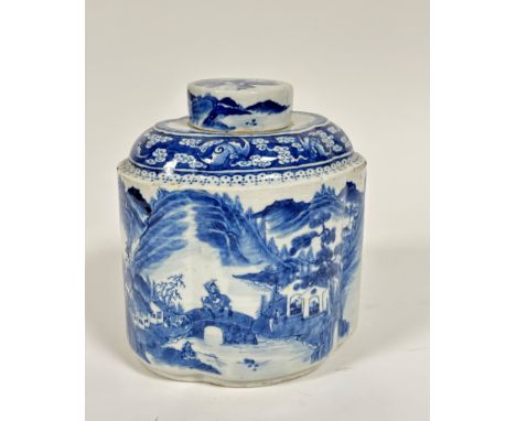 A Chinese late 19th early 20thc silver shaped tea caddy and cover decorated with handpainted landscape scenes with figure on 
