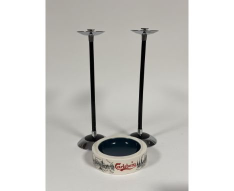 A pair of Ianthe 1950's  black enameled, white metal cigarette stands ( h -  45cm)  and a large ceramic Carlsberg ashtray. ( 