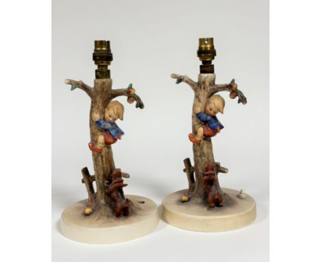 A pair of Hummel table lamps, Culprits, of a Young Boy up an Apple Tree with a Terrier barking (h - 30cm) (marked verso)