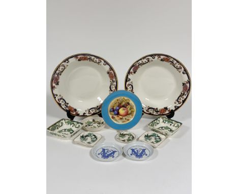 Two Mason's blue Mandalay soup plates (d 26cm), a pair of Mason's Chartreuse pattern jam dishes (h 10.5cm) a pair of matching