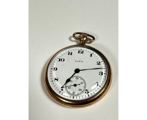 An Elgin yellow metal open faced pocket watch, white enamel dial with Arabic numerals and subsidiaries dial, engine turned de