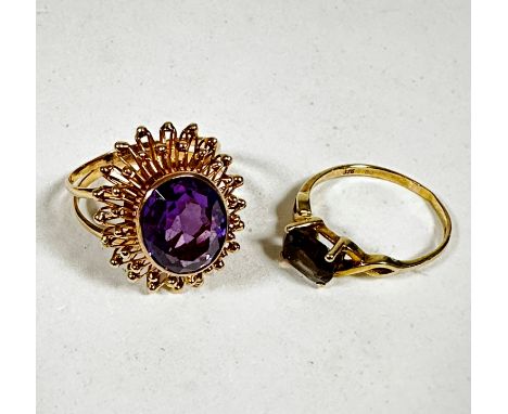 A yellow metal oval amethyst style dress ring with open work beaded surround, approx 3ct, (Q) and a 9ct gold oval smoky quart
