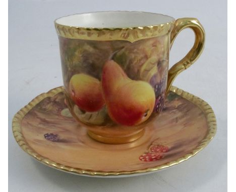 A Royal Worcester tea cup and saucer, the exterior of the cup and saucer decorated with fruit to a mossy background by P Love