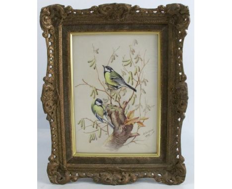 A Royal Worcester porcelain plaque, decorated with Great Tits and catkins by Edward Townsend, dated 1975, 9.5ins x 6.5insCond