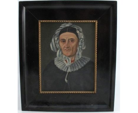 An oil on artist board, portrait of a figure wearing a bonnet and lace collar, 8.75ins x 6.5ins