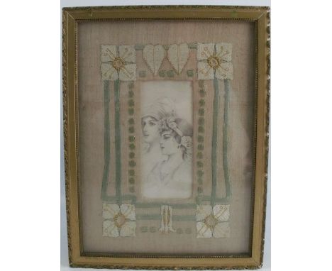 An Art Nouveau pencil drawing, portrait of two girls, the material mount embroidered with stylised flowers and motifs, in an 