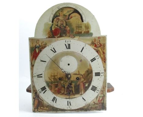 An Antique mahogany cased long case clock, the arched painted dial decorated with Britannia holding a portrait of Nelson unde