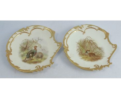 Two Royal Worcester plates, of shaped circular form, decorated with turkeys and partridge, both retailed by Ovington Brothers