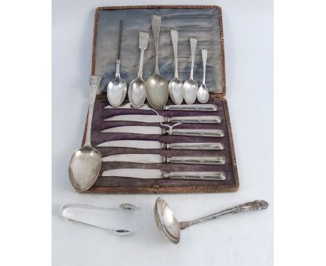 A quantity of hallmarked silver flatware, to include a cased set of six tea knives, various spoons, ladle etc