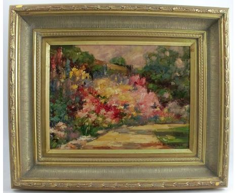 K Yunia, oil on canvas, flower garden, 11.5ins x 15.5ins