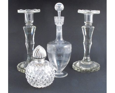 A group of glass items, to include a pair of cut and faceted candlesticks, height 10ins, a Victorian amphora shaped decanter 