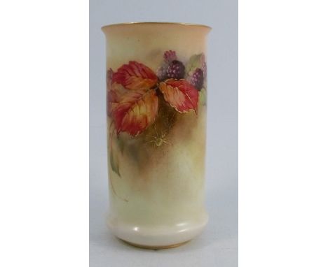 A Royal Worcester cylindrical shaped vase, decorated with Autumnal berries and leaves with gilt spider on its web by K Blake,