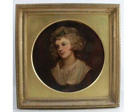 A 19th century English School oil on canvas, circular portrait, the sitter with green ribbon in their hair, diameter 15ins