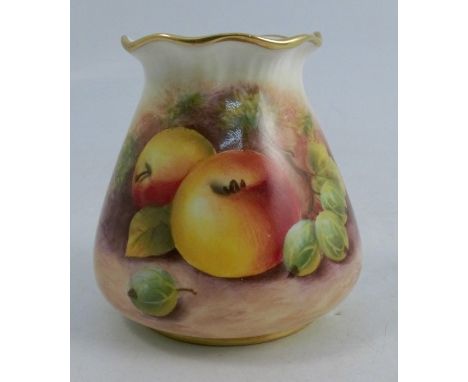 A Royal Worcester vase, decorated to the front with fruit to a mossy background by Mayberry, shape number G957, dated 1954, h