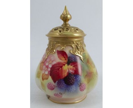 A Royal Worcester quarter lobed covered vase, with pierced gilt cover, the body decorated with Autumnal berries, flowers and 
