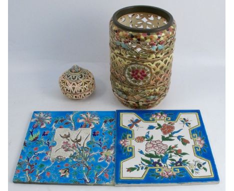 A Zsolnay reticulated nightlight, in two sections, height 4ins, together with a Fischer Budapest lantern, height 8.5ins and t