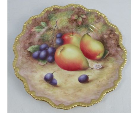 A Royal Worcester cabinet plate, decorated with fruit to a mossy background by H Aryton, with gilded shaped edge, dated 1953,