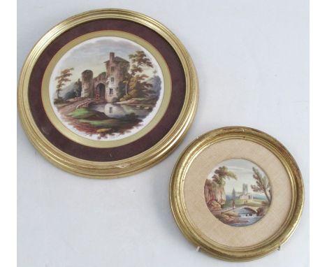 A circular Spode porcelain plaque, decorated with figures walking through a gate house, diameter 5.25ins, together with a Der