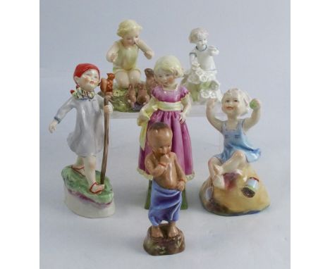 Six Royal Worcester figures, A Woodland Dance, Thursday's Child, Monday's Child, Sunday's Child, Burma, and child picking flo
