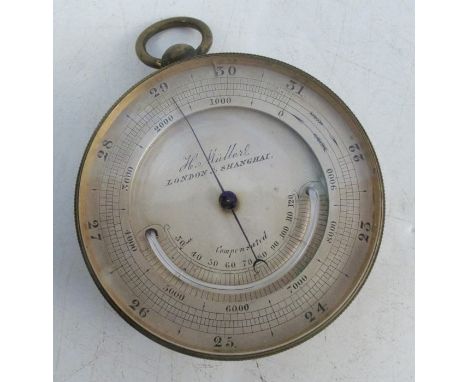 A 19th century gilt metal cased pocket barometer, the silvered dial inscribed H Muller London and Shanghai compensated, with 