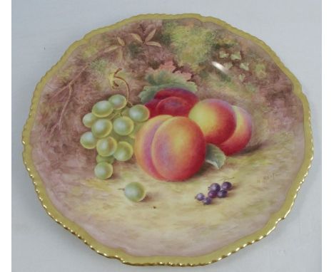 A Royal Worcester cabinet plate, decorated with fruit to a mossy background by H Aryton, with gilded shaped edge, dated 1953,