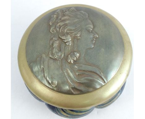 A Loetz style covered pot, the glass base with swirl design the metal cover embossed with a portrait, diameter 6ins