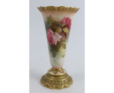 A Royal Worcester vase, decorated with pink roses, to a gilt embossed stepped foot, shape number G706, dated 1919, height 6.5
