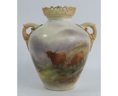 A Royal Worcester vase, decorated to the front with Highland cattle in landscape by H Stinton, with pierced blush ivory neck 