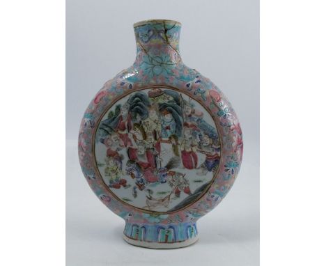 A Chinese famille rose moon flask, the one side decorated with figures, some on horse back, the reverse with birds, the borde