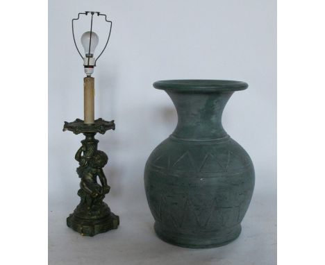 A table lamp, decorated in the shot silk style with a&nbsp; holding a light, height 14.5ins, together with a large archaic de