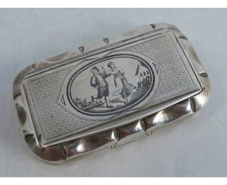 A Continental silver snuff box, of rectangular form, the hinged top decorated with figures, 3ins x 1.5ins x 0.5ins