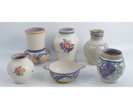 Six pieces of early Poole Pottery, comprising an Art Deco vase with rare Carter &amp; Co mark, height 6.5ins, and four vases 