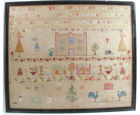A large tapestry sampler, with alphabet, verse, numbers, figures and animals, 24.5ins x 29ins
