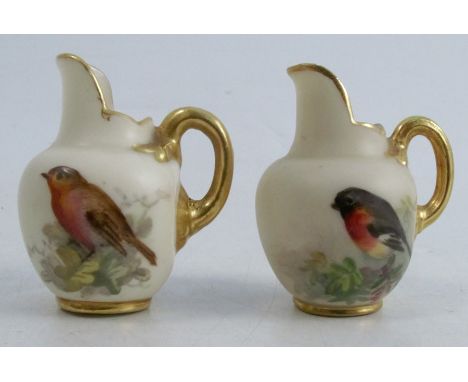 Two miniature Royal Worcester flat back jugs, each decorated with English birds, one signedCondition Report:  both ok