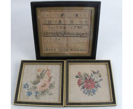 A 19th century tapestry sampler, with alphabet, numbers and verse, by Mary Jane Rea 1839, 5ins x 5.5ins, together with two ta