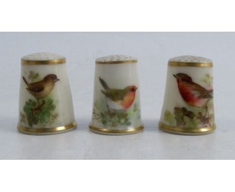 Three Royal Worcester thimbles, each decorated with English birds, no Worcester markCondition Report:  all ok