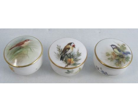 Three Royal Worcester patch boxes, each decorated with English birds, one signed PowellCondition Report:  all ok