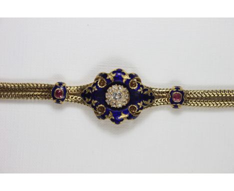 Viktorianisches Armband, England, London, Wilkinson &amp; Dobson, 1845 - 1851, 14 Karat Gelbgold, Guilloche Emaille, 1 Brilla