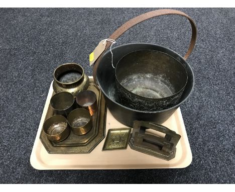 A tray of jam pan, Eastern brass planter and cups, brass Art Deco letter rack etc 