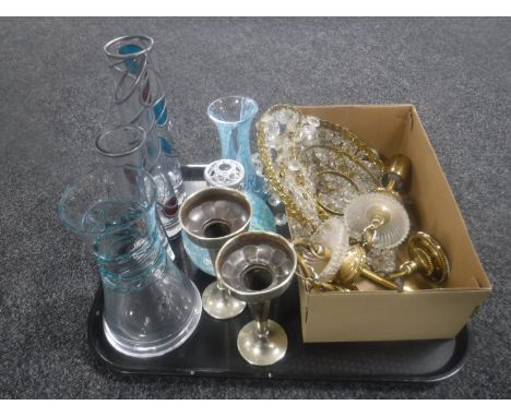 A tray containing two brass and glass pendant light fittings, Caithness glass vase, other decorative glass vases, pair of pla