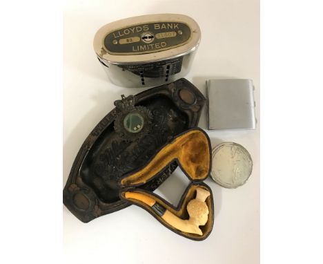A boxed Lloyds Bank money box, meerschaum pipe in case, mother of pearl vesta, 'Tylers Boots are the Best' tray 