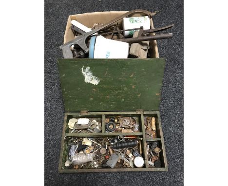 A box of assorted vintage hand tools and a wooden box of metal fittings 
