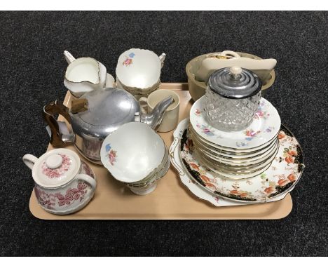 A tray of twenty piece Hammersley bone china tea service, Picquot ware teapot, vintage jelly mould, etc 