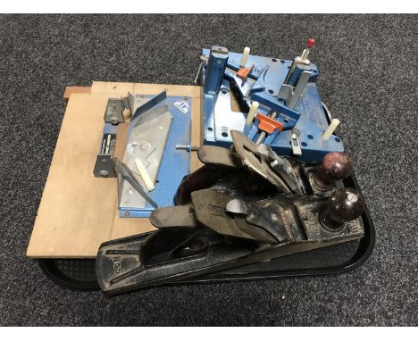A tray of two Stanley wood working planes, mitre tools, etc 