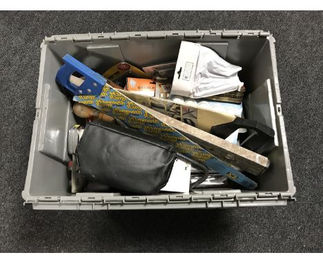A box of large quantity of hand tools, staple guns, mini g clamps etc 