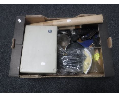 A box containing cased Leitz projector, Ion film II SD slide scanner, cameras accessories etc