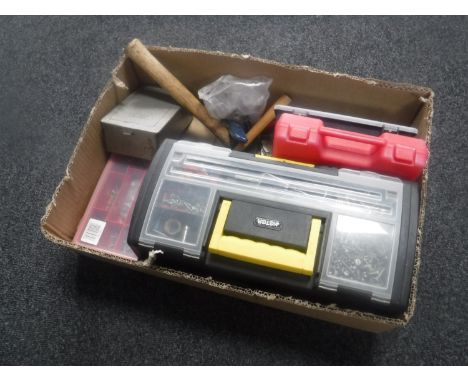 A box of plastic storage boxes containing hardware, cased drill bits, hand tools etc