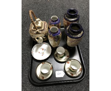 A tray of Japanese earthenware including teapot, pairs of vases, Samurai hand painted coffee cans with saucers etc 