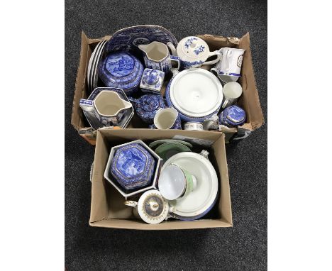 Two boxes containing Ringtons china, chintz water jug and teapot, cathedral and castle caddies, together with three Disney wa